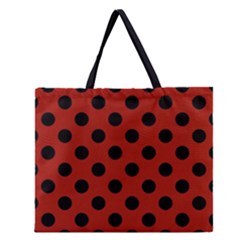 Polka Dots - Black On Apple Red Zipper Large Tote Bag by FashionBoulevard