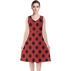 Polka Dots - Black On Apple Red V-neck Midi Sleeveless Dress  by FashionBoulevard