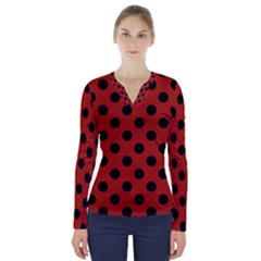 Polka Dots - Black On Apple Red V-neck Long Sleeve Top by FashionBoulevard