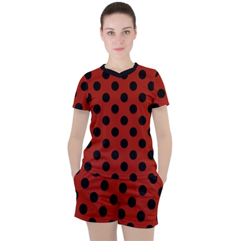 Polka Dots - Black On Apple Red Women s Tee And Shorts Set by FashionBoulevard