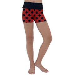 Polka Dots - Black On Apple Red Kids  Lightweight Velour Yoga Shorts by FashionBoulevard