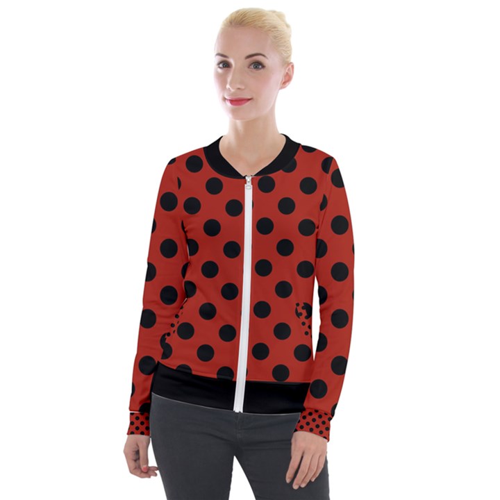 Polka Dots - Black On Apple Red Velour Zip Up Jacket