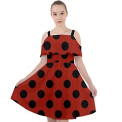 Polka Dots - Black On Apple Red Cut Out Shoulders Chiffon Dress