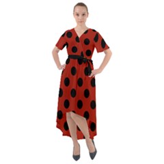 Polka Dots - Black On Apple Red Front Wrap High Low Dress by FashionBoulevard