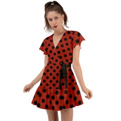 Polka Dots - Black On Apple Red Flutter Sleeve Wrap Dress by FashionBoulevard