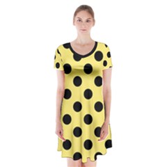 Polka Dots - Black On Blonde Yellow Short Sleeve V-neck Flare Dress by FashionBoulevard