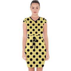 Polka Dots - Black On Blonde Yellow Capsleeve Drawstring Dress  by FashionBoulevard