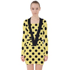 Polka Dots - Black On Blonde Yellow V-neck Bodycon Long Sleeve Dress by FashionBoulevard