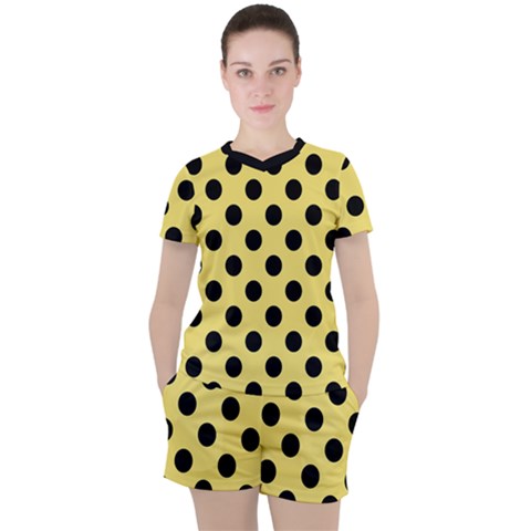 Polka Dots - Black On Blonde Yellow Women s Tee And Shorts Set by FashionBoulevard