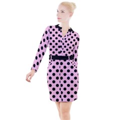 Polka Dots - Black On Blush Pink Button Long Sleeve Dress by FashionBoulevard