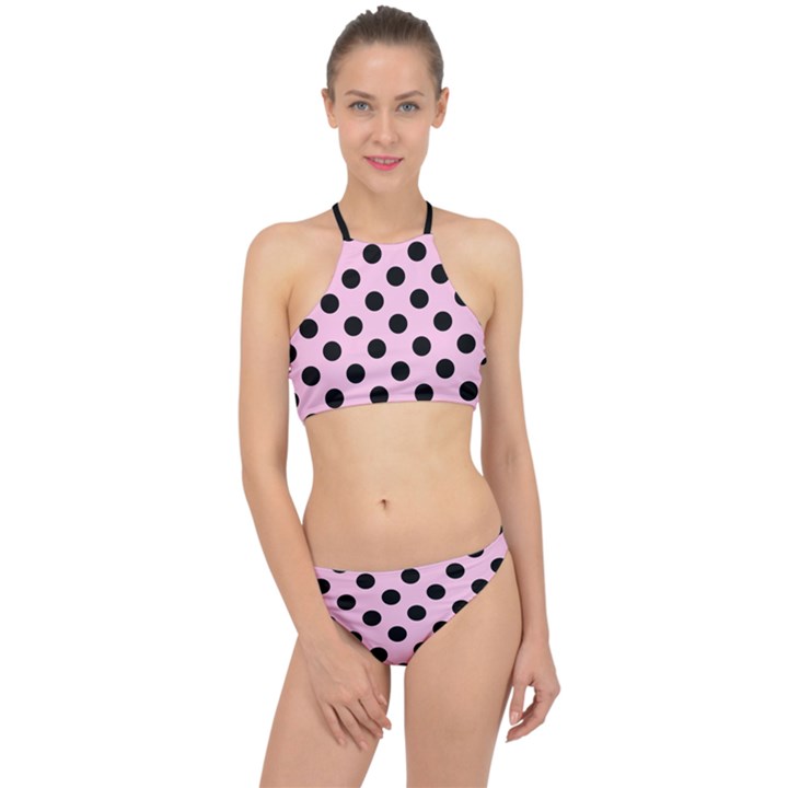 Polka Dots - Black On Blush Pink Racer Front Bikini Set