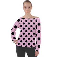 Polka Dots - Black On Blush Pink Off Shoulder Long Sleeve Velour Top