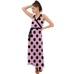 Polka Dots - Black On Blush Pink V-neck Chiffon Maxi Dress by FashionBoulevard