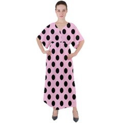 Polka Dots - Black On Blush Pink V-neck Boho Style Maxi Dress by FashionBoulevard