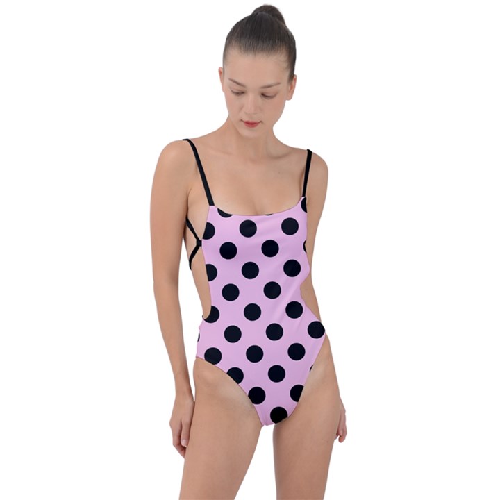 Polka Dots - Black On Blush Pink Tie Strap One Piece Swimsuit