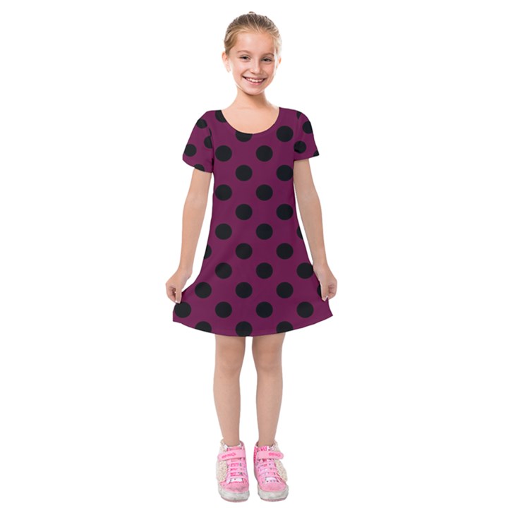 Polka Dots - Black On Boysenberry Purple Kids  Short Sleeve Velvet Dress