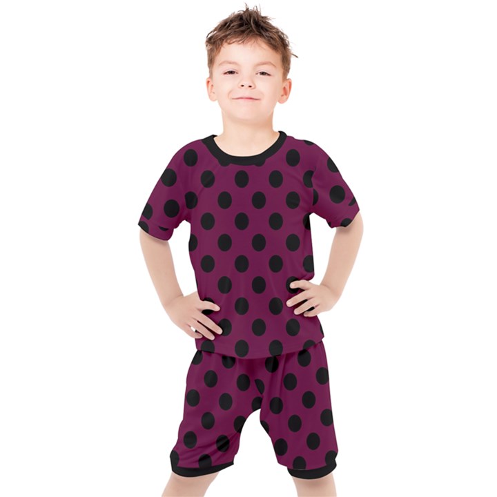 Polka Dots - Black On Boysenberry Purple Kids  Tee and Shorts Set