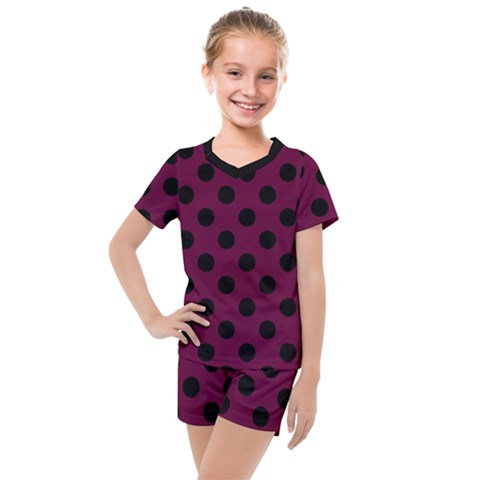 Polka Dots - Black On Boysenberry Purple Kids  Mesh Tee And Shorts Set by FashionBoulevard