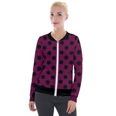 Polka Dots - Black On Boysenberry Purple Velour Zip Up Jacket by FashionBoulevard