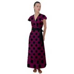 Polka Dots - Black On Boysenberry Purple Flutter Sleeve Maxi Dress