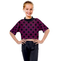 Polka Dots - Black On Boysenberry Purple Kids Mock Neck Tee