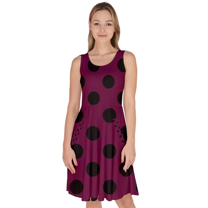 Polka Dots - Black On Boysenberry Purple Knee Length Skater Dress With Pockets