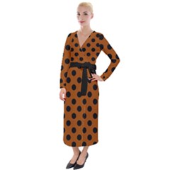 Polka Dots - Black On Burnt Orange Velvet Maxi Wrap Dress by FashionBoulevard