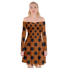 Polka Dots - Black On Burnt Orange Off Shoulder Skater Dress by FashionBoulevard