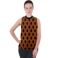 Polka Dots - Black On Burnt Orange Mock Neck Chiffon Sleeveless Top by FashionBoulevard