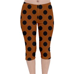 Polka Dots - Black On Burnt Orange Velvet Capri Leggings  by FashionBoulevard