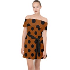 Polka Dots - Black On Burnt Orange Off Shoulder Chiffon Dress