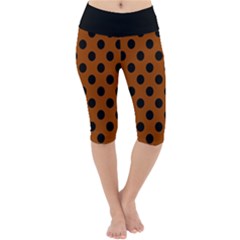 Polka Dots - Black On Burnt Orange Lightweight Velour Cropped Yoga Leggings by FashionBoulevard