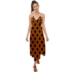 Polka Dots - Black On Burnt Orange Halter Tie Back Dress 