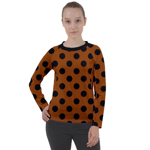 Polka Dots - Black On Burnt Orange Women s Long Sleeve Raglan Tee by FashionBoulevard