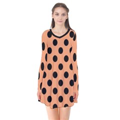 Polka Dots - Black On Cantaloupe Orange Long Sleeve V-neck Flare Dress by FashionBoulevard