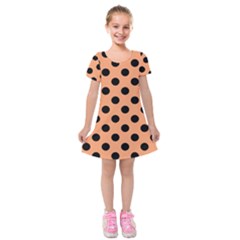 Polka Dots - Black On Cantaloupe Orange Kids  Short Sleeve Velvet Dress by FashionBoulevard