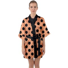 Polka Dots - Black On Cantaloupe Orange Half Sleeve Satin Kimono  by FashionBoulevard