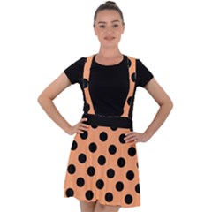 Polka Dots - Black On Cantaloupe Orange Velvet Suspender Skater Skirt by FashionBoulevard