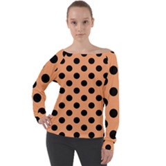 Polka Dots - Black On Cantaloupe Orange Off Shoulder Long Sleeve Velour Top