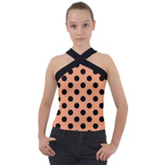 Polka Dots - Black On Cantaloupe Orange Cross Neck Velour Top by FashionBoulevard