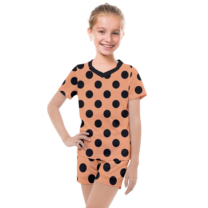 Polka Dots - Black On Cantaloupe Orange Kids  Mesh Tee and Shorts Set