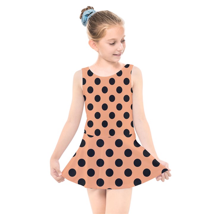 Polka Dots - Black On Cantaloupe Orange Kids  Skater Dress Swimsuit