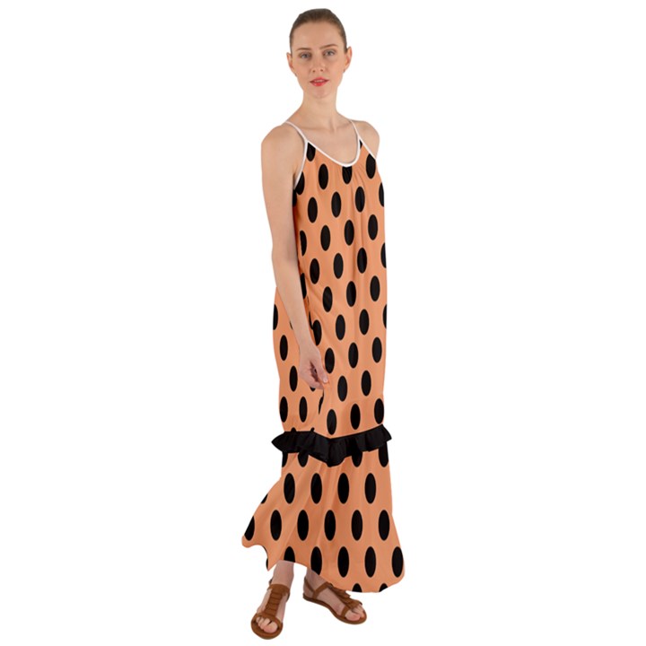 Polka Dots - Black On Cantaloupe Orange Cami Maxi Ruffle Chiffon Dress