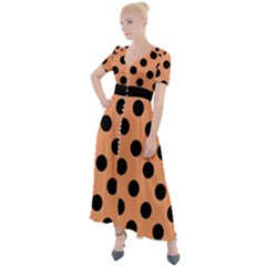 Polka Dots - Black On Cantaloupe Orange Button Up Short Sleeve Maxi Dress