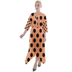 Polka Dots - Black On Cantaloupe Orange Quarter Sleeve Wrap Front Maxi Dress by FashionBoulevard