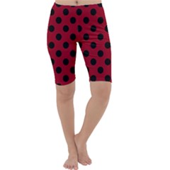 Polka Dots Black On Carmine Red Cropped Leggings  by FashionBoulevard