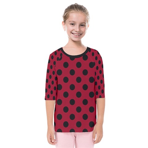 Polka Dots Black On Carmine Red Kids  Quarter Sleeve Raglan Tee by FashionBoulevard