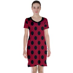 Polka Dots Black On Carmine Red Short Sleeve Nightdress by FashionBoulevard