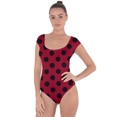 Polka Dots Black On Carmine Red Short Sleeve Leotard  by FashionBoulevard