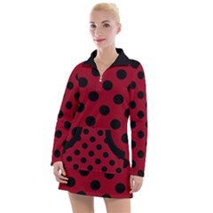 Polka Dots Black On Carmine Red Women s Long Sleeve Casual Dress by FashionBoulevard